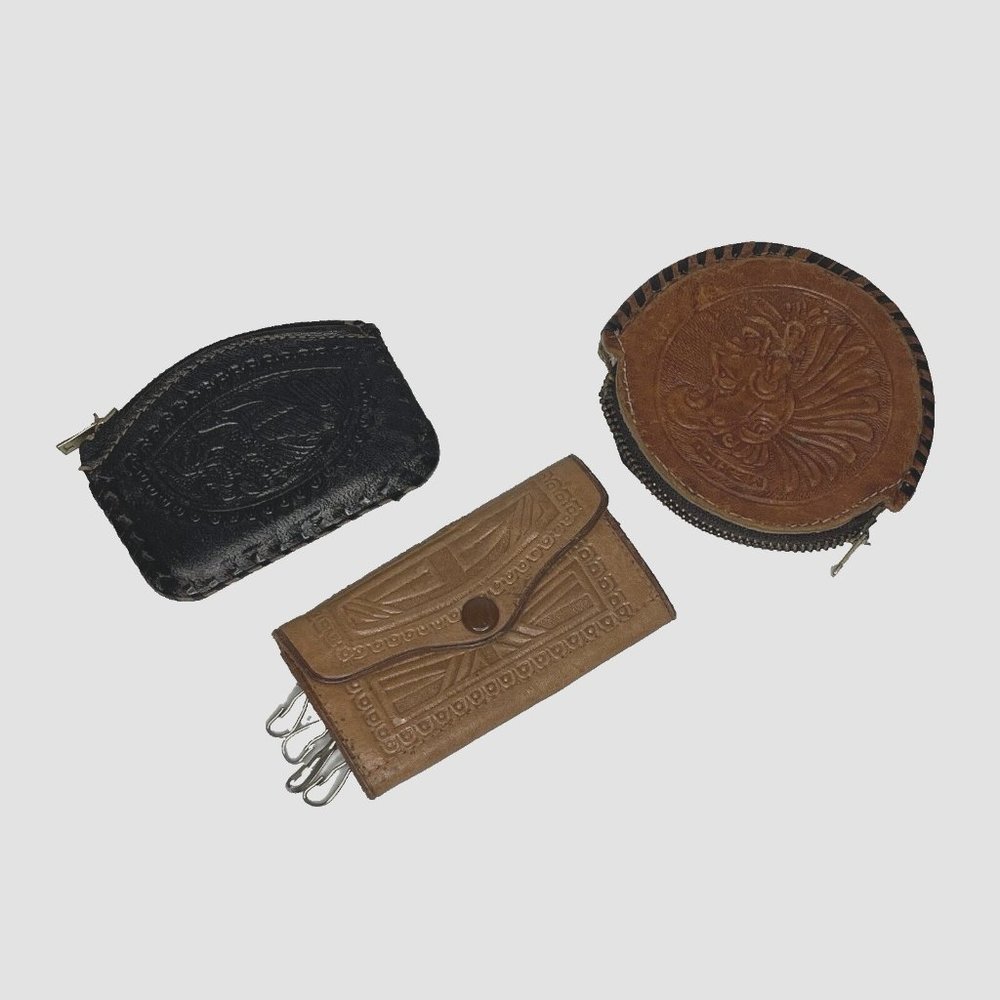 Vtg 3pc Tooled Leather Aztec Calendar Face Yucatan Pattern 2 Coin Purse 1 Key